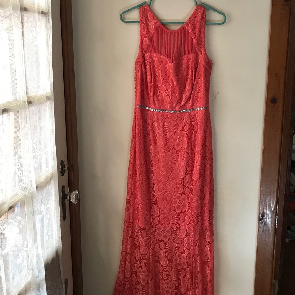 Coral lace overlay formal